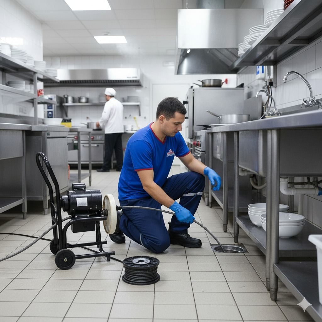 Técnico da Suprema Desentupidora desentupindo ralo de cozinha industrial em Pedreira com máquina rotativa